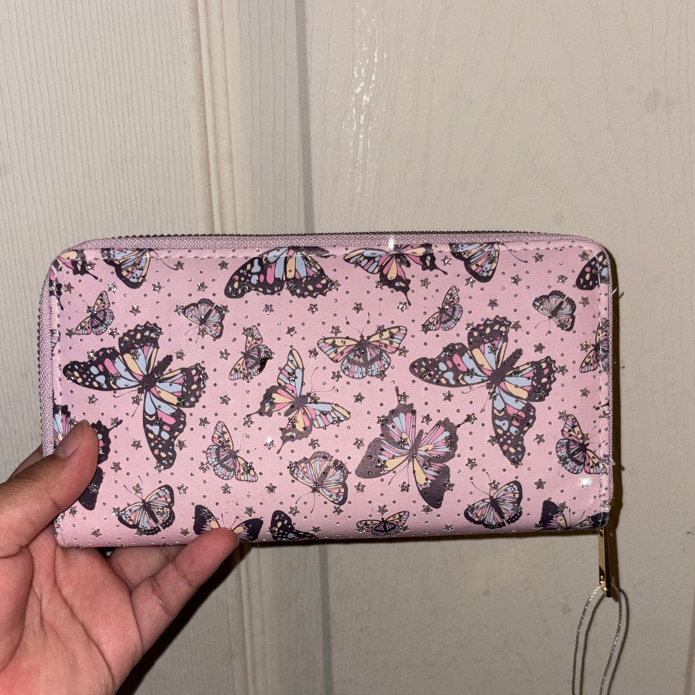 Pink Butterfly Print Zip-Around Wallet